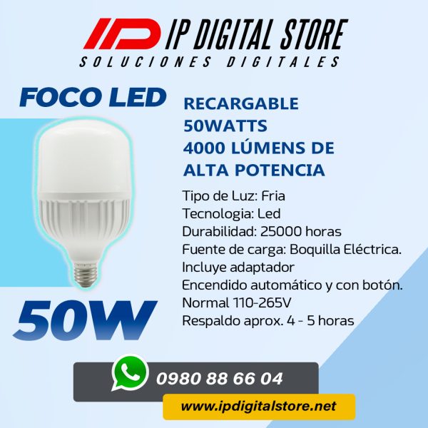 Foco Lampara Led Recargable Ecoled 50w 4000 Lumenes Luz Fria